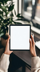 Female hands hold a tablet with a blank screen, surrounded by greenery and natural light in a cozy indoor setting
