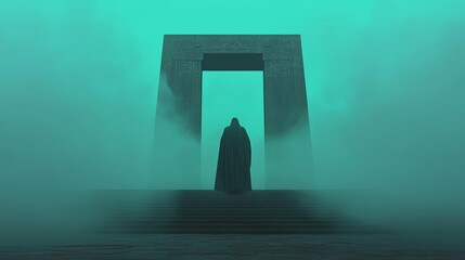 Obraz premium A mysterious figure cloaked in shadows stands before an eerie stone archway, enveloped in thick, swirling fog and deep teal tones.