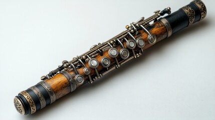 Naklejka premium Ornate wooden flute with silver keys, showcasing craftsmanship.