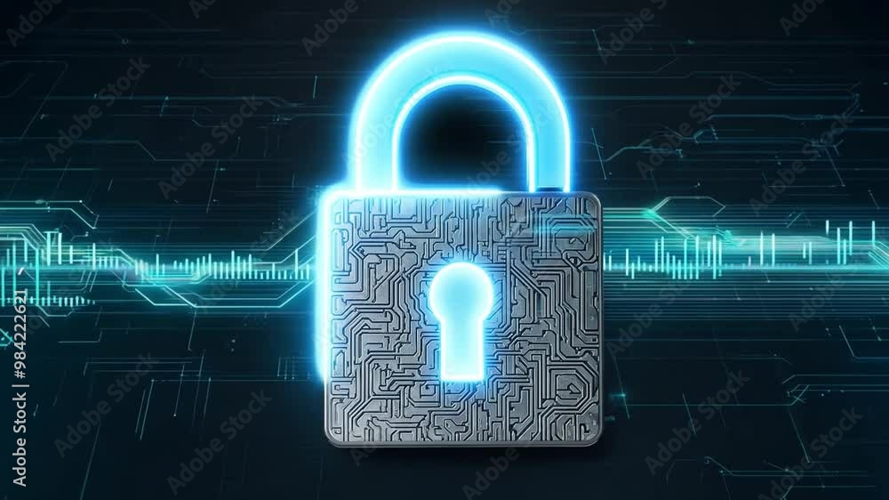 Poster A digitally designed lock rests prominently, showcasing complex circuitry. It represents the importance of cybersecurity in safeguarding data in today's online environment.