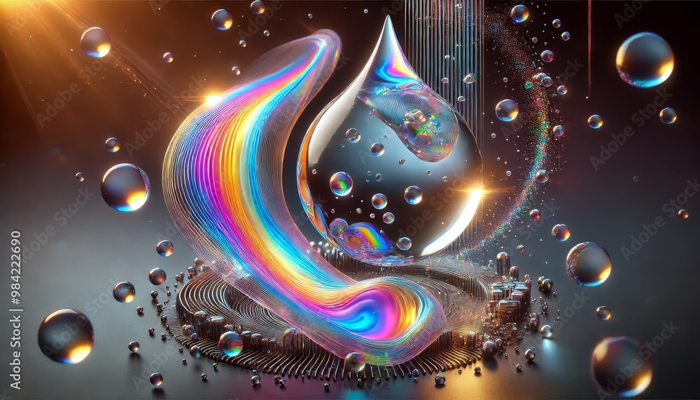 Poster 3d abstract composition with a glowing rainbow wave, transparent liquid droplets, and light reflecti