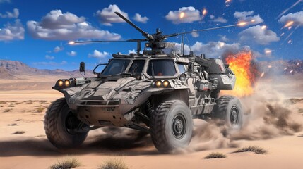 Military Combat Vehicle Engaged in Desert Warfare Operations