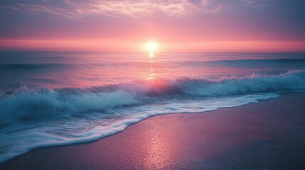 Pink Sunset Over Ocean Waves Crashing on Sandy Beach