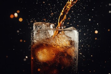 A dramatic scene of cola being poured into a tall glass filled with ice cubes, set against a deep