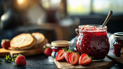 Jar of strawberry jam, homemade jam with strawberry