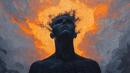 A surreal representation of a figure with an ethereal explosion of thoughts and emotions against a dramatic backdrop.