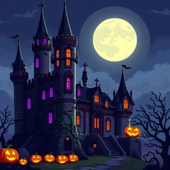 Haunted Castle:  Pixel Art Halloween Scene