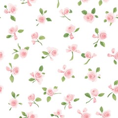 A charming floral pattern featuring delicate pink roses and green leaves on a crisp white background, perfect for spring designs.