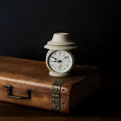 Naklejka premium A watch and an old leather suitcase with a handle, isolated on a black background. 3D illustration.