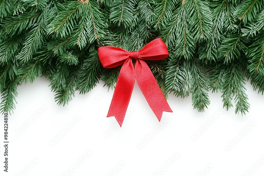 Poster a red ribbon is tied to a green tree branch. the ribbon is tied in a bow and is positioned in the mi