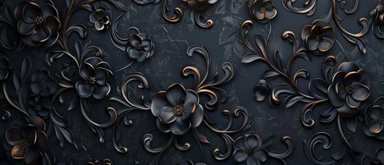 Artistic black and gold floral pattern featuring roses with 3D depth and texture. Gold highlights add elegance against a textured black background, creating a sophisticated