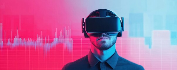 A person wearing a VR headset, immersed in a vibrant digital environment with visual soundwaves in the background, blending technology and human experience, Business idea concept.