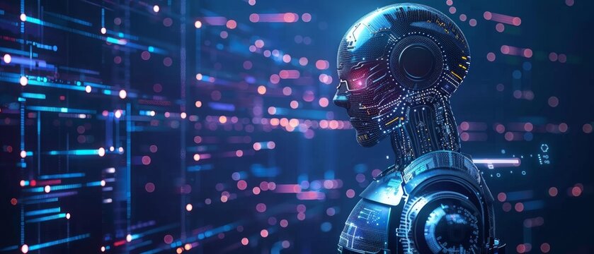 A futuristic robot with red eyes stands in a digital cityscape filled with server tower elements and colored lights, exuding a tech-savvy vibe. - Powered by Adobe