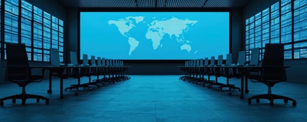 A modern conference room with a large digital world map display and rows of empty chairs, featuring a sleek, tech-focused design, Business idea concept.