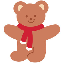 Christmas and New Year illustration of teddy bear wearing winter red scarf for festive decoration, sticker, animal, card print, cartoon character, comic, mascot, happy holidays, zoo, souvenir shop