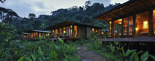 An eco-tourism lodge with James Hardie siding that blends with its jungle surroundings, offering eco-friendly accommodations and promoting sustainable tourism practices