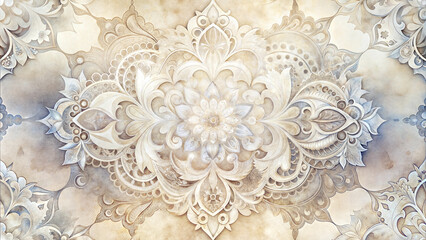 Elegant ornamental design with intricate floral patterns in soft beige and ivory hues