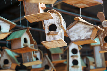 Wooden Birdhouses Hanging in a Display