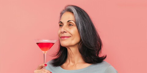 Mature woman enjoying pink cosmopolitan cocktail