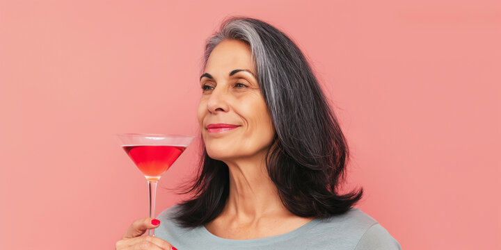 Mature woman enjoying pink cosmopolitan cocktail
