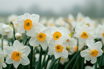 Fototapeta premium Fresh white yellow narcissus bloom in spring farm under gray sky