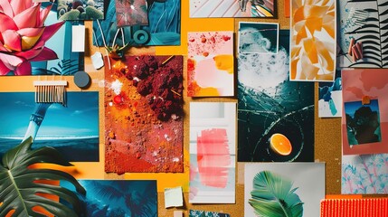 A vibrant mood board pinned to a corkboard, featuring a mix of textures, colors, and design inspiration images for a creative project