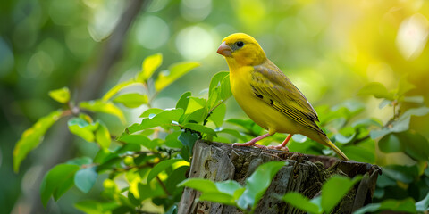 Yellow Bird on Tree Stump in Forest
