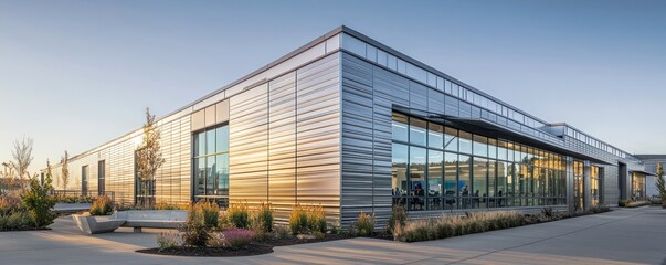 Obraz premium An innovative tech startup hub with metallic James Hardie siding, reflecting the dynamic and futuristic nature of the businesses it houses, located in an emerging tech district