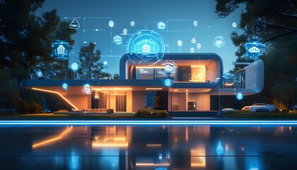 Futuristic smart home vision featuring a modern house adorned with digital icons and illuminated blue connections