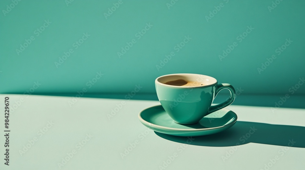 Canvas Prints A turquoise coffee cup and saucer with a warm cup of coffee sitting on a turquoise surface with a long shadow extending to the right.