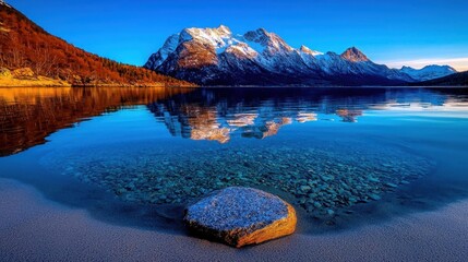 A serene lake reflecting the snow-capped peaks of surrounding mountains at sunrise