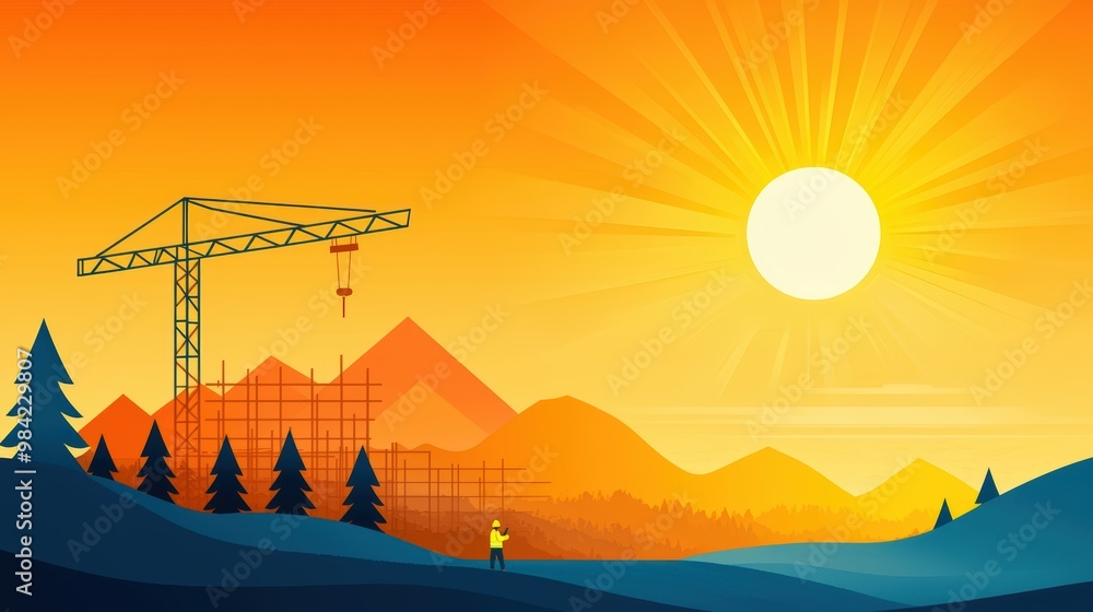 Wall mural A construction site with a crane and a sun in the background