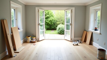 Fototapeta premium Interior Room with French Doors and Hardwood Floors