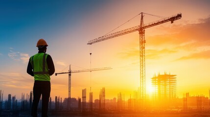 A construction worker stands in front of a large crane