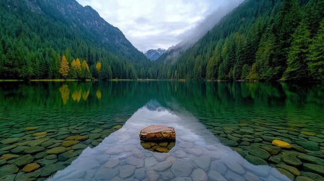 A serene mountain lake surrounded by pine trees with mist rising from the water