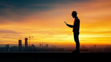 Fototapeta premium A man in a hard hat is standing on a rooftop looking at a tablet