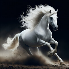 Obraz na płótnie Canvas White horse runs gallop isolated on the black 