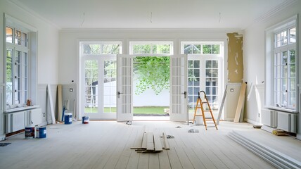 Interior Renovation with Wooden Floor, White Walls, and French Doors