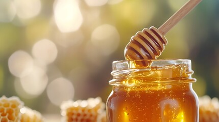 a jar of honey with a wooden dipper and honeycomb, Generative AI