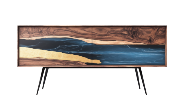 Modern wooden cabinet with blue and gold accents displayed