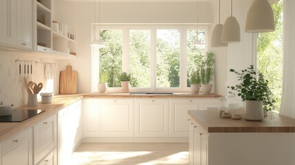 A light-filled kitchen with all-white cabinetry and natural wood countertops