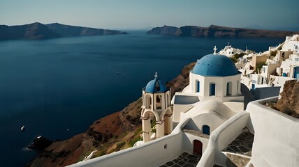 Fototapeta premium Santorini Greece – Iconic Blue Domes at Sunset