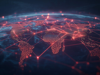 An abstract representation of global business connections, featuring glowing lines that connect various cities and continents on a dark, textured map. The lines are bright and vibrant.