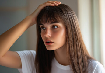 Fototapeta premium A woman with long brown hair is looking at the mirror