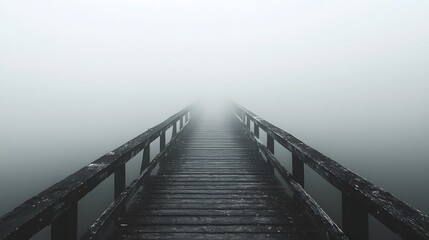Obraz premium Wooden Bridge Disappearing into Fog.