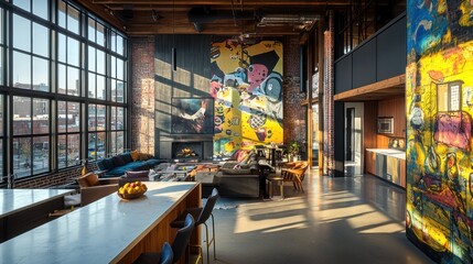 An urban loft conversion with James Hardie siding featuring a mural-like finish, set against the industrial backdrop of a downtown area, combining art with urban renewal