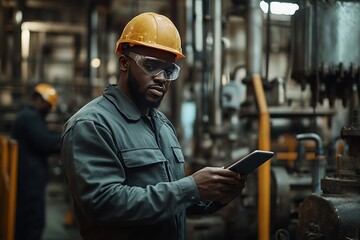 Industrial engineer using digital tablet monitoring production line in a heavy industry factory