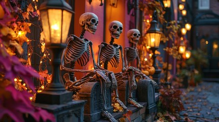 A creepy front yard Halloween decoration setup with life-sized skeletons positioned in various poses