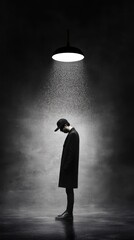 Obraz premium Noir Mystery: Silhouetted Figure Under Streetlight in Rain - High Contrast Black and White Photography