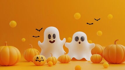 Cute Halloween scene with ghost figurines, bats, and pumpkins on orange background, 3D rendering
